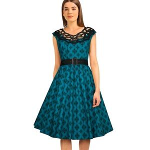 Chic Star (2X) Blue Retro Style Fit and Flare Dress w Lace - Rockabilly, Dance